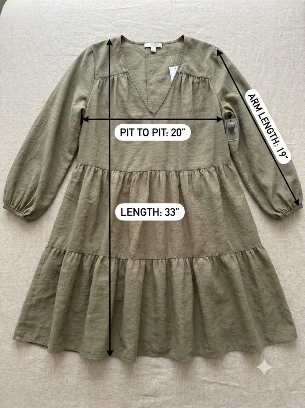 Zara Olive Green Tiered Mini Dress Long Sleeve Boho Large - Picture 6 of 6